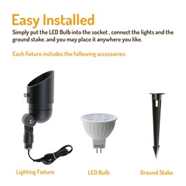 Lumina 4W LED Landscape Lights Cast-Aluminum Waterproof Outdoor Low Voltage Spotlights for Walls Trees Flags Light with Warm White 4W MR16 LED Bulb and ABS Ground Stake Bronze SFL0104-BKLED6 (6PK)