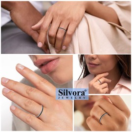 Silvora Wedding Engagement Rings Eternity Band 2mm Thin Stacked Finger Ring Sturdy Pure Silver Bands for Women Size 9