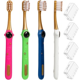 PRASBURR Kids Toothbrush - Pack of 4 Galactic Adventures Style, Soft Bristles with Toothbrush Caps, Children Sized Brush Heads (3-10 Year Old), Girl & Boy Set