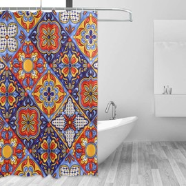 WELLDAY Shower Curtain Mexican Talavera Ceramic Tile Pattern Bathroom Decor Waterproof Fabric with Hooks 60x72 Inch