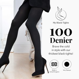 My Black Tights 100 Denier Black Tights - Soft, Strong, Seamless Thick Black Tights - Ladies Tights with Smooth, Comfy Deep Waistband, & Non-Fading Stretchable 3D Lycra Fabric, L Regular