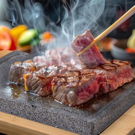 Artestia Lava Stone for Steak with 2PCS Stones, Hot Rock Tabletop Grilling Stones for Wagyu with Bamboo Tray, Mini Pizza Grilling Stones, 8.46"*6.49"