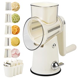 Rotary Cheese Grater with Handle: 5 in 1 Cheese Grater Hand Crank Cheese Shredder with Strong Suction Base Kitchen Vegetable Slicer with 5 Interchangeable Blades, Storage Box, White