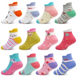 GRPSKCOS Toddler Socks with Grip 12 Paris Toddler Ankle Socks Kids Non Slip Socks for Girls Boys（#1 Cute Rabbit Style 5-7 Years）