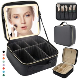 Travel Makeup Bag for Makeup Artists Large Makeup Case,with Mirror 3 Color Setting and Jewelry box Travel Makeup Bag,Portable Storage and Adjustable Dividers（black）