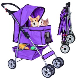 Best 4 Wheels Pet Stroller for Dog Stroller Cat Stroller, Lightweight & Foldable Pet Jogger Stroller, Carrier Strolling Cart W/Cup Holders Removable Liner for Small and Medium Dog Cat or Pet - Purple