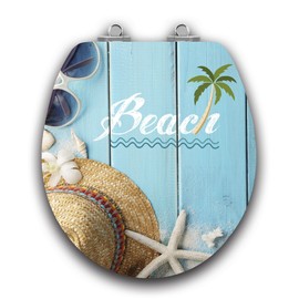 TOPSEAT Art of Acryl Round Toilet Seat w/Slow Close Chromed Metal Hinges, Wood, Beach