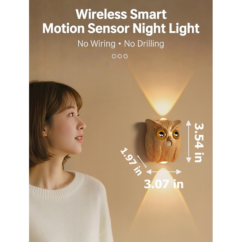GDQ Wireless Motion Sensor Night Light, Cute Owl Wood Grain