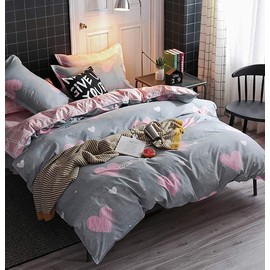 Michorinee Double Duvet Cover Set Pink Heart Printed Grey Bedding Set Microfiber Reversible Pink and Grey Quilt Cover Zipper Closure with 2 Pillowcase 50x75 cm