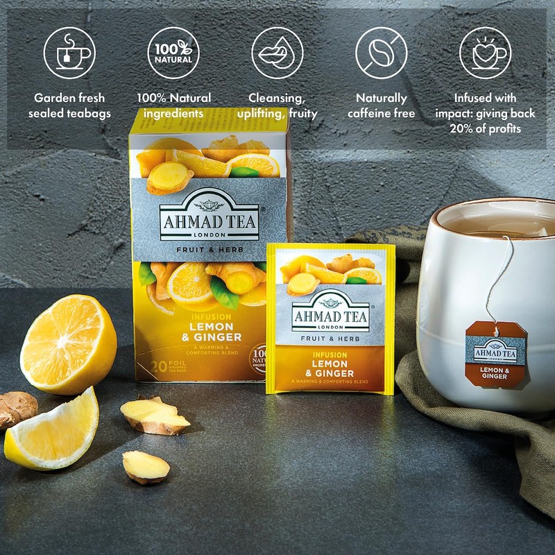 Ahmad Tea Sachet Infusion Foil-Enveloped Teabags, Lemon and Ginger, 20