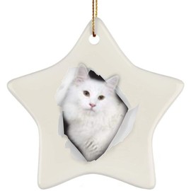 Funny Norwegian Forest Cat White Color Coming Out of Cracked Wall Gifts 2024 Christmas Tree Ornaments Ceramic Star