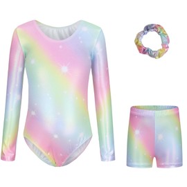 Sinoeem Gymnastics Leotards for Girls Long Sleeve/Sleeveless Gradient Color Sparkle Dancing Ballet Athletic fGymnastics Set or Girl (Rainbow-long sleeved set, 11-12 Years)