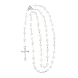QKEOISUD Cross Rosary Pendant Necklace,White Pearl Beads Rosary Roses Mystery Beads Prayer Necklace,Religious Jewelry Gifts for Women Men(White)