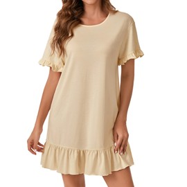OPOIPIN Women's Nightgown Short Sleeve Sleepwear Round Neck Ruffle Hem Nightgowns Nightdress Beige X-Large