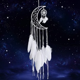 MOREBEST Dream Catcher Handmade Moon Design with Feathers Dreamcatcher Wall Hanging Home Decoration Ornament Christmas Festival Craft for Bedroom Living Room Outdoor(White Moon)