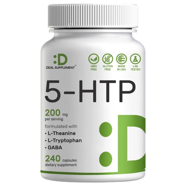 5-HTP 200mg Plus GABA, L-Theanine & L-Tryptophan, 240 Capsules | 98% High African Derived Griffonia Seed Extract | Complete Supports Calm & Relaxation