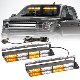 PKINGLAKE 2 in 1 LED Emergency Dash Strobe Light Bar Front/Rear Windshield Safety Flashing Warning Hazard Interior Lights for Police Firefighter Construction Vehicles Trucks (2x14 inch, Amber/White)
