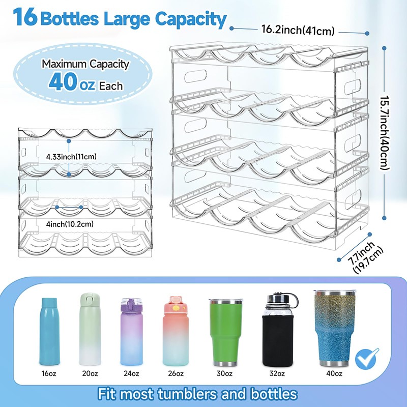 Large Compartment Water Bottle Organizer,4 Tier Stackable Water Bottle Rack