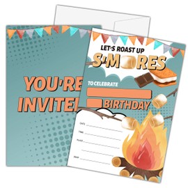 Zmyollo S'mores Birthday Invitations with Envelopes - 20PCS S'more Bonfire Birthday Party Invitations for Boys and Girls -Backyard Camping Birthday Party Supplies Decorations -15