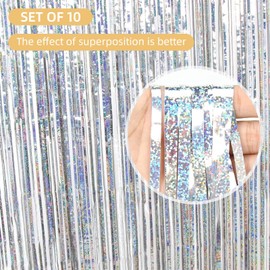 10 Pack Silver Foil Curtain Backdrop 3.2ft x 6.6ft Glittering Metallic Tinsel Fringe Streamer Photo Booth Backdrop for Birthday Party Engagement Bachelorette Holiday Decorations (Silver)