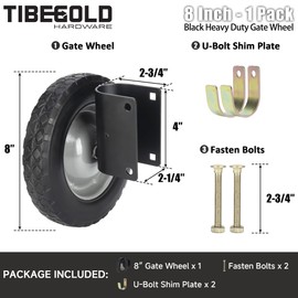 TIBEGOLD 8 Inch Heavy Duty Rubber Caster Wheel, Gate Helper Support Side Mount for Swing Metal Tube Gates, Fits 1-5/8" to 2" O.D. Round Tube Frames, Black, 1 Pack