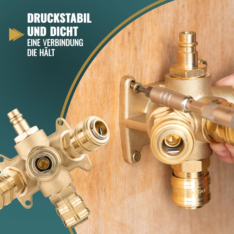 Poppstar Wanddose Druckluftverteiler für Wandmontage, 4-Fach (4x Schnellkupplung / 1x