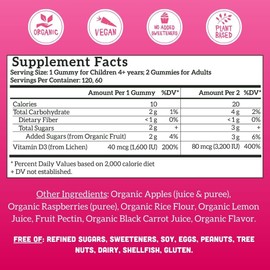 Llama Naturals Vitamin D3, Vegan, Organic Immune Support Supplement, Vitamin D Gummies for Adults and Kids, Real Fruit Gummy Vitamins, Promotes Bone Health, No Added Sugar Cane, Raspberry, 120 Ct