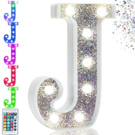 Pooqla Colorful Light Up Letters, Silver LED Marquee Letter Lights Battery Operated,16 Colors Glitter Alphabet Letter Sign Night Lights for Girls Birthday Party Wedding Bedroom Decoration, Letter J