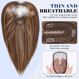 HAIRCUBE 14 Inch Hair Toppers Synthetic Hair Toppers for Women with Thinning Hair, Pure Hand-Tied Breathable Swiss Base with 3 Clips in Wiggy Toppers (Sandy Brown & Honey Blonde)