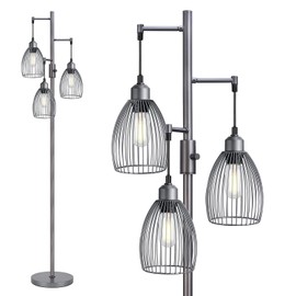 Dimmable Industrial Floor Lamps for Living Room, Gray Tree Standing Tall Lamps with 3 Elegant Teardrop Cage Head & 800 Lumens LED Bulbs for Bedroom Office
