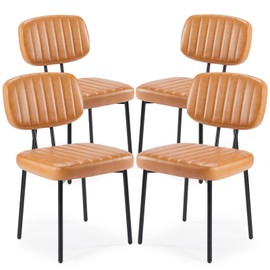 Sweetcrispy Dining Chairs Set of 4, Upholstered Mid Century Modern Kitchen Accent Chairs with Faux Leather Cushion Seat & Metal Legs for Home Office, Living Room - Brown