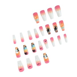 24pcs Press on Nails Medium Square Fake Nails with The Setting Sun Coconut Tree Design Seagull Glue on Nails Beach False Nails Glossy Reusable Summer Nails for Women Girls Manicure