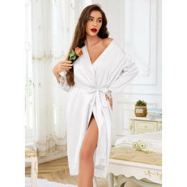 Lovasy Satin Bathrobe Women's Long Kimono Japanese Dressing Gown for Women Cuffs Made of Lace Bridal Bathrobe Wedding Party with Belt, White, M