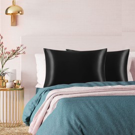 PiccoCasa Satin Pillowcases for Hair and Skin with Eye Mask and Scrunchie Soft Pillowcase 2 Pack Zipper Closure Silky Bed Pillow Covers Set for Sleeping Black 50 x 75cm