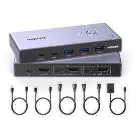 UGREEN 8K HDMI KVM Switch with 4 USB 3.0 Ports (3 USB-A + 1 USB-C) for 2 Computers Share 1 Monitor Keyboard Mouse Hard Drives Printer with 2 HDMI Cables, 2 USB Cables and Controller
