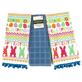 Serafina Home Easter Spring Kitchen Dish Towels: Colorful Bunnies Hello Spring Happy Easter with Pom Poms (Fun Bunnies)