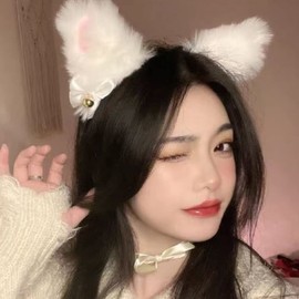 HappyHome Cat Ears Headband, Cosplay, Cute, Ribbon, Bell, Fluffy, Halloween, Costume Accessory (White)