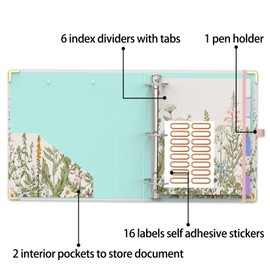 3 Ring Binder 2 Inch Round Ring Binder with 6 Tab Dividers，2 Interior Pockets，Cute Binder Clipboard with Storage, for School Office, Portfolio(Garden Flowers)