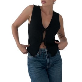 Bocymolay Tie Front Knit Vest Top for Women Y2k V Neck Sleeveless Crochet Vest Crop Top Going Out Streetwear(Black,S)