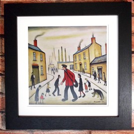 Greetingles Lowry-Style 12"/31cm Square Framed Print. Beautiful Black Ash Frame (Lowry, A Postman's Round)