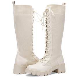 Vepose Women's Beige Lace Platform Combat Knee High Boots with Comfort 953 Chunky Heel Size 9 (CJY953 Beige 09)