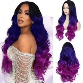 Long Purple Blue Ombre Wavy Wig for Women Rainbow Wig Colorful Wig Mermaid Wig Middle Part Synthetic Wigs For Cosplay Daily Party Wig