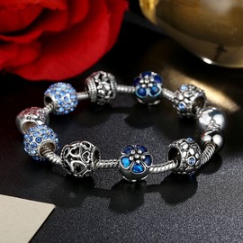 YOUFENG Love Beads Charms Bracelet for Women Snake Chain Unicorn Charm Flower Charms Bracelets Birthday Gifts for Her Blue Crystals