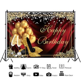 Laeacco 8x6ft Birthday Backdrop, Gold Balloons High Heels Beauty Lady Happy Birthday Photography Background Glittering Red Curtain Backdrop for Theme Party Supplies Studio Photo Booth Props
