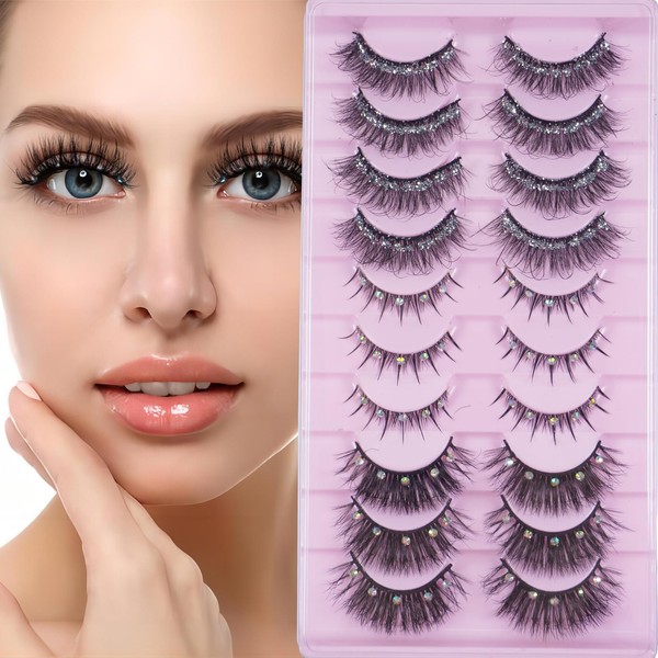 Holzsammlung False Eyelashes, 10 Pairs Glitter Crystal Eyelashes, 11-19 mm,