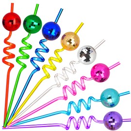 24-Piece Disco Ball Reusable Swirly Straw Set - Vibrant Party Supplies with Groovy Design,70s Disco Ball Straws Perfect for Birthday Bachelorette Decorations and Favors