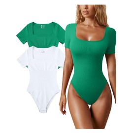 OQQ Women's 2 Piece Bodysuits Sexy Ribbed One Piece Square Neck Short Sleeve Bodysuits Green White
