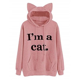 Lziizl Women Girl Hoodies Cute Cat Ear Novelty Printed Pullover Sweatshirt Pink US Size M=Tag Size XL
