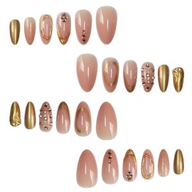Fall Press on Nails Almond Medium Fake Nails with Rhinestones Lines Glitter Designs Gold Nails Press ons Nude False Nails for Women 24Pcs