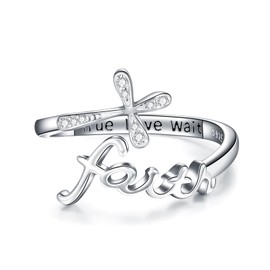 ROMANTICWORK Faith Ring 925 Sterling Silver Faith Cross Adjustable Ring Christian Ring Birthday Christmas Jewelry for Women, Sterling Silver, Cubic Zirconia